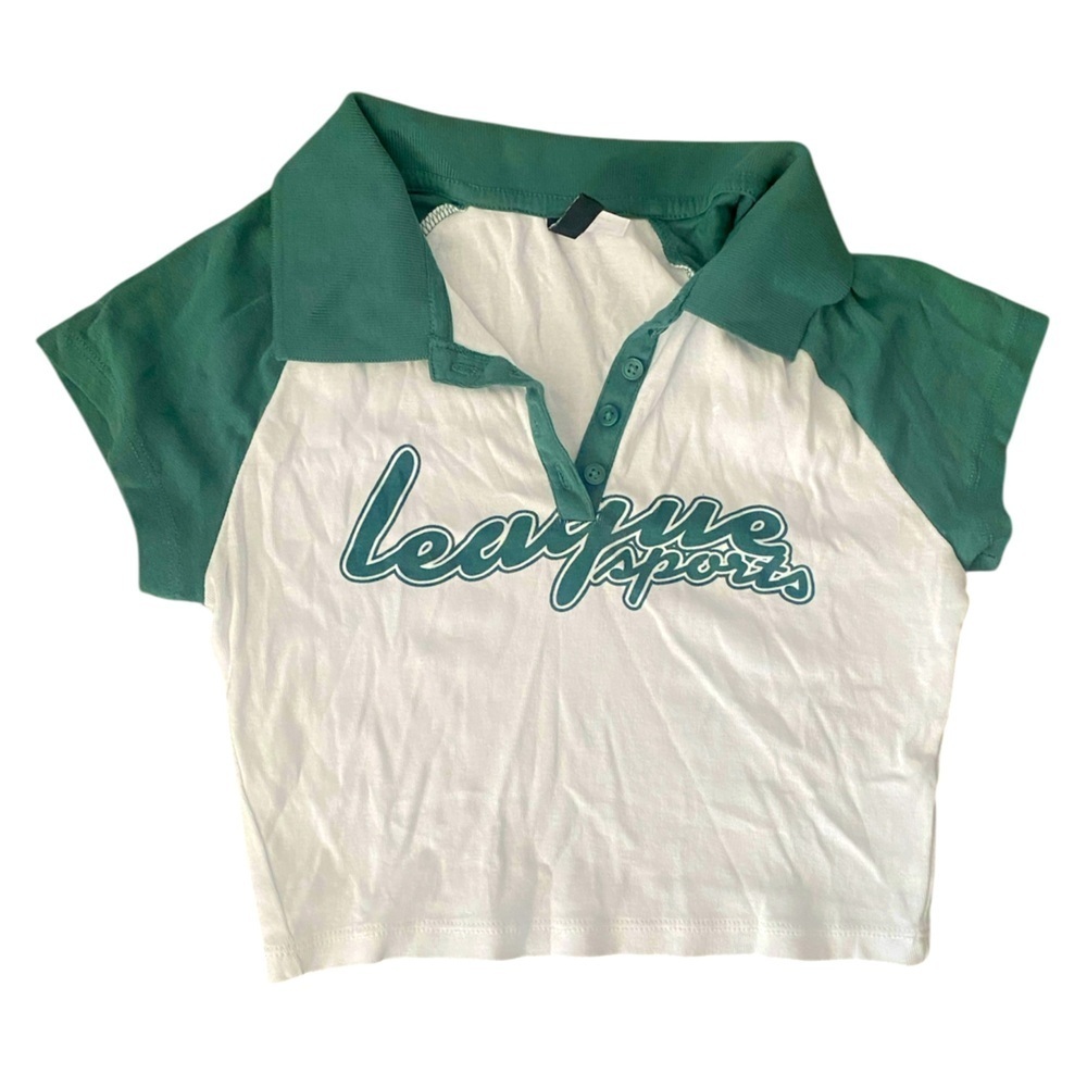 H&M Green and White Cropped Polo Shirt Small